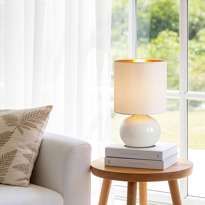 Hamucd Ceramic Table Lamps Set of 2, Modern Classic Bedside Lamps for Nightstand, Small Table Lamp for Bedroom Living Room Desk End Table (White)