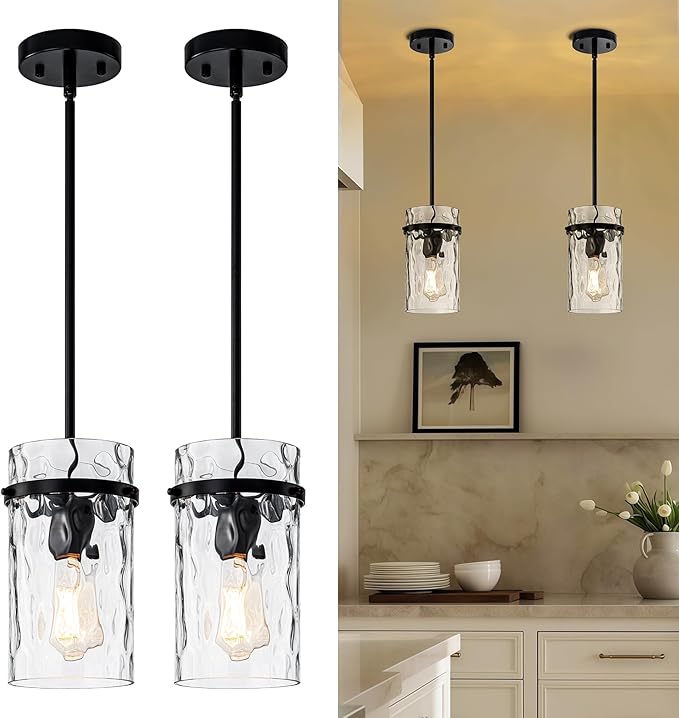 2 Pack 5.5" Black Hammered Hand-Blown Glass Pendant Light Farmhouse Black Pendant Light, Hammered Glass Light Pendant for Dining Room Light Adjustable Pendant Lighting Over Sink