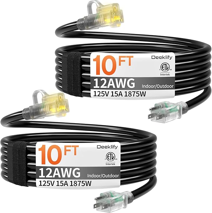 12awg 10 FT 2 Pack Heavy Duty Outdoor Extension Cord Waterproof with Lighted End, Black 12 Gauge Extension Cord Flexible and Cold Resistant 3 Prong Grounded Plug, 15Amp 1875W SJTW ETL Listed