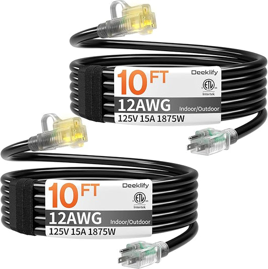 12awg 10 FT 2 Pack Heavy Duty Outdoor Extension Cord Waterproof with Lighted End, Black 12 Gauge Extension Cord Flexible and Cold Resistant 3 Prong Grounded Plug, 15Amp 1875W SJTW ETL Listed