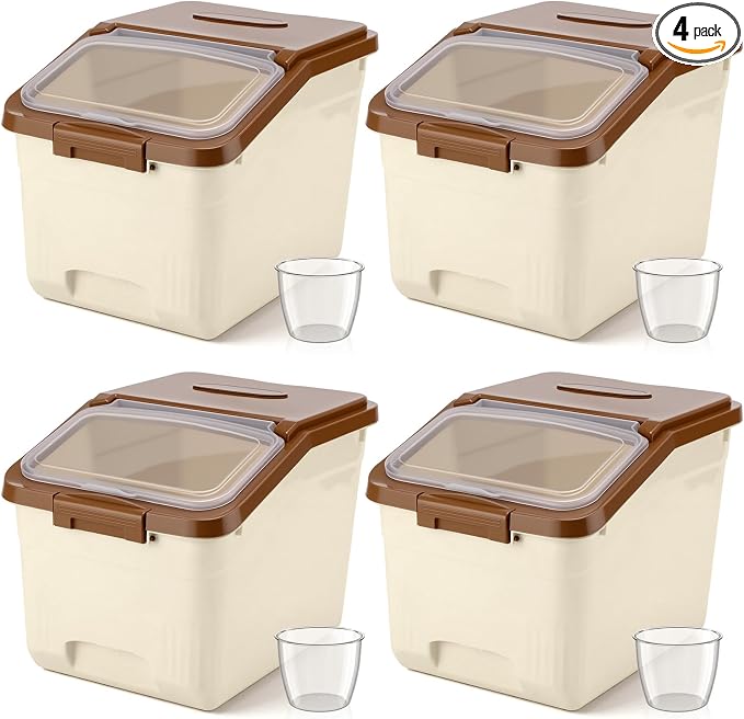 Blushtier 4 Pack Large Rice Storage Containers 30 Lbs Airtight Flour Container with Seal Locking Lid and Measuring Cup Kitchen Dry Food Storage Bins for Cereal Sugar Beans(Khaki)