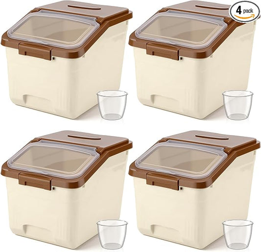 Blushtier 4 Pack Large Rice Storage Containers 30 Lbs Airtight Flour Container with Seal Locking Lid and Measuring Cup Kitchen Dry Food Storage Bins for Cereal Sugar Beans(Khaki)