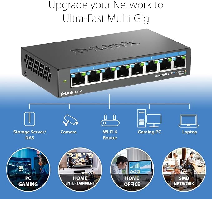 D-Link 8-Port 2.5GB Unmanaged Gaming Switch with 8 x 2.5G - Multi-Gig, Desktop or Wall Mount, Silent Operation, Plug & Play, Follows NDAA/TAA, (DMS-108), Ethernet Splitter, Multi-Gigabit Network