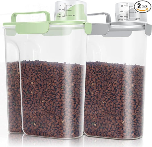 TBMax Pet Dog Cat Food Storage Containers 2 Pack 10 to 14 Lbs, Airtight Cat Food Dispenser with Large Spout & Portable Handle, Travel Dog Treat Storage Bin Bird Seed Container -Light Green/Light Grey