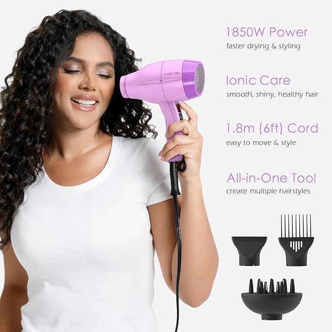 TOME Hair Dryer with Diffuser, 1875W Ionic Blow Dryer with Comb Attachment and Concentrator for Home Use, Fast Drying with Cool Shot and 2 Heat & 2 Speed Settings, 125V, Purple
