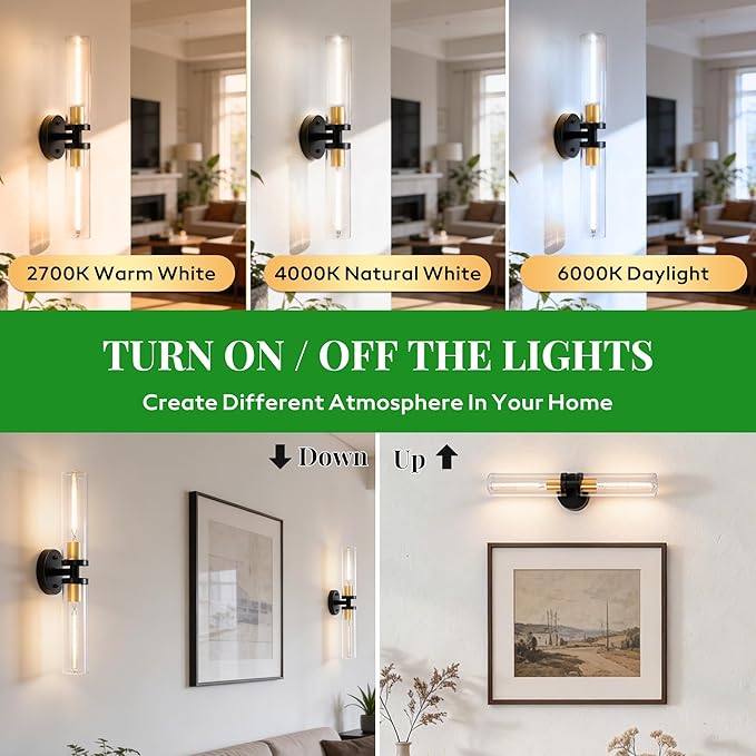 Black and Gold Wall Sconces Set of 2, Hardwired Bathroom Light Fixtures, Modern Bathroom Vanity Wall Lighting with Clear Glass Shade, Farmhouse Wall Sconce for Mirror Bedroom Hallway, E26 Base