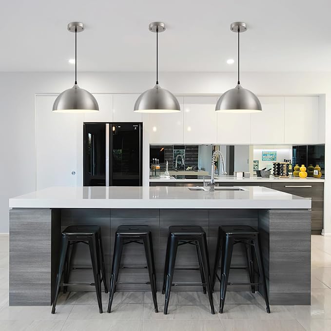 Brushed Nickel Pendant Light Kitchen Island 3 Pack, 11.8" Farmhouse Pendant Lights,Dome Pendant Light for Bedroom Dining Room Sink Hallway Foyer Barn Cafe