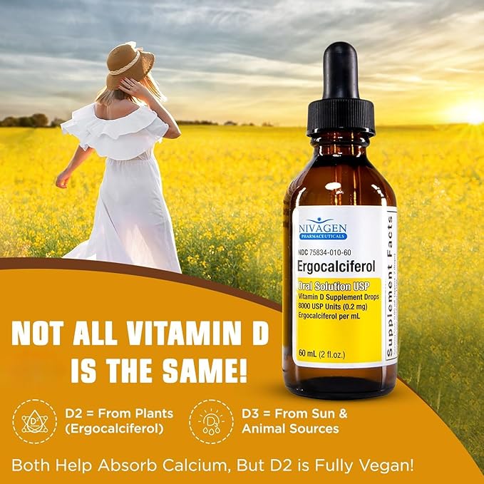 Nivagen Vitamin D2 Liquid Drops 8,000 USP (Ergocalciferol) | 400 IU per Serving | 2 Drops Once Daily | 1,200 Servings, 60ml (2 fl. oz) | Faster Absorption | Bone, Muscle & Immune Support | Made in USA