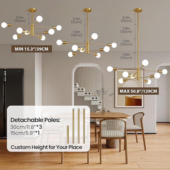 KAISITE Modern Chandelier Sputnik Ceiling Light Fixture 8-Light Gold Chandelier Dining Room Light Over Table Height Adjustable Mid Century Ceiling Hanging Chandelier for Bedroom Kitchen Foyer