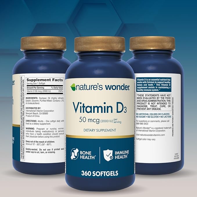 Nature's Wonder Vitamin D3 2000iu (50mcg), 1 Year Supply to Support Bone Health, Immune System, and Promotes Calcium Absorption, Gluten Free, 360 Softgels