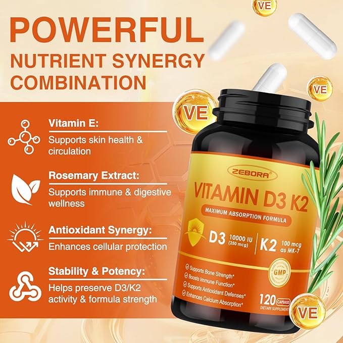 ZEBORA Vitamin D3 K2 - Maximum Strength 10000IU D3 & 100mg K2 as MK-7 - Heart, Bone, Immune Health & Antioxidan Defenses Support - Gluten-Free, Non-GMO, 120 Capsules