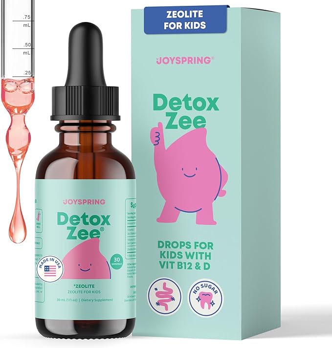 JoySpring DetoxZee Gouttes de zéolite pour enfants – Complément minéral de clinoptilolite avec vitamine D3 et cyanocobalamine B12 – Vitamines liquides pour enfants, saveur de baies douces, fabriqué aux États-Unis, 30 portions