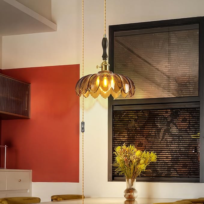 Modern Tawny Plug in Glass Pendant Light Retro Flower Glass Hanging Lamp Gold Brass Decorative Adjustable Ceiling Hanging Light Suitable for Kitchen Island Bedroom Dining Room Living Room