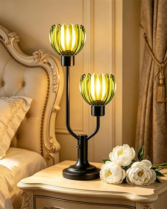 Lightdot Green Glass Flower Table Lamp for Living Room Dimmable Nightstand Lamp Mid Century Modern Vintage Black Desk Lamp 2 Bulbs Included Warmwhite Ambient Bedside Lamp for Bedroom Home Office Decor