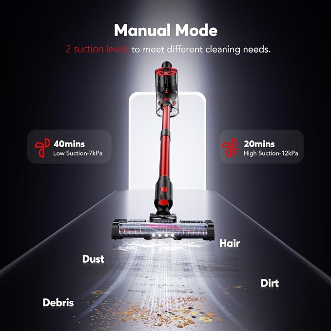 Comvtu Cordless Vacuum Cleaner for Home, 80,000PRM Powerful 4 in 1 Lightweight Stick Vacuum with 2 Adjustable Suctions, Max 40 Mins Runtime, 2600mAh Rechargeable Vacuum Cleaners (Deep Red)
