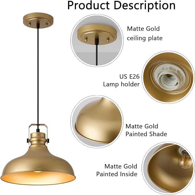 Gold Farmhouse Pendant Lights Matte Pendant Lighting for Kitchen Island Industrial Adjustable Height Vintage Dome Hanging Light Fixtures for Barn, Dining Room 3 Packs