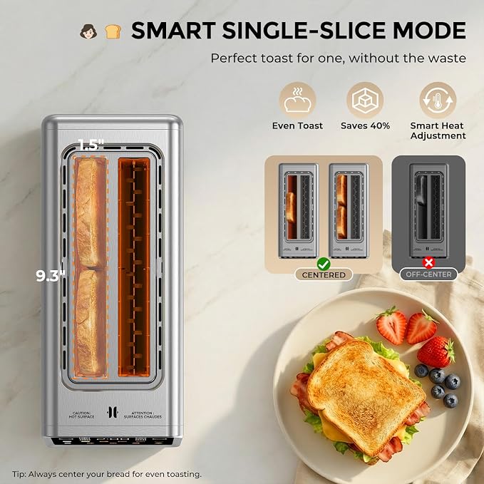 Long Slot Toaster 4 Slice with Touchscreen, 1400W Stainless Steel 2-Slot Smart Appliance Extra Wide 1.5 Inch, Single Mode BreadID Tech Timer for Bagel Waffle