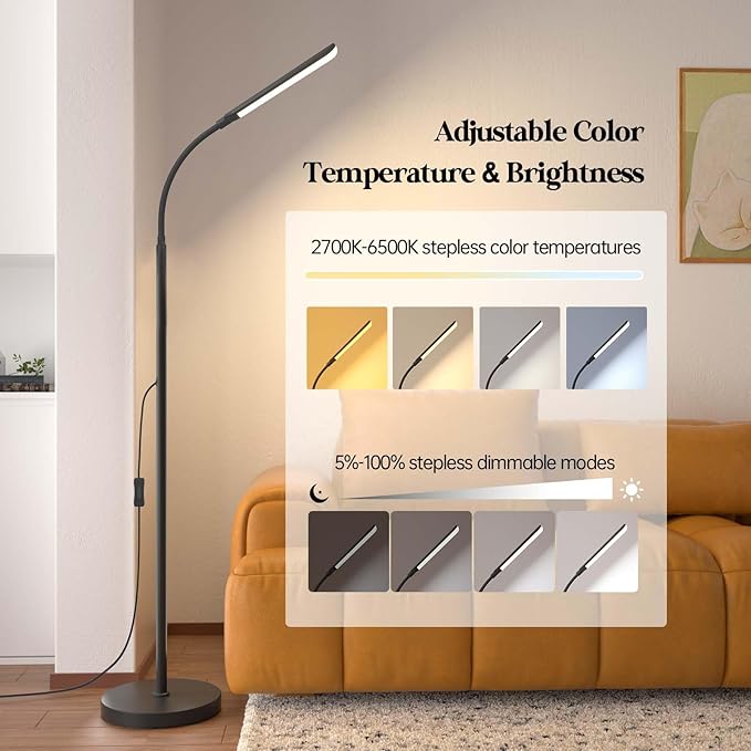 Aisutha LED Floor Lamp, 18W Super Bright Floor Lamp for Living Room, Adjustable Stepless Colors & Brightness Standing Lamp, Eye Caring Reading Light with Remote