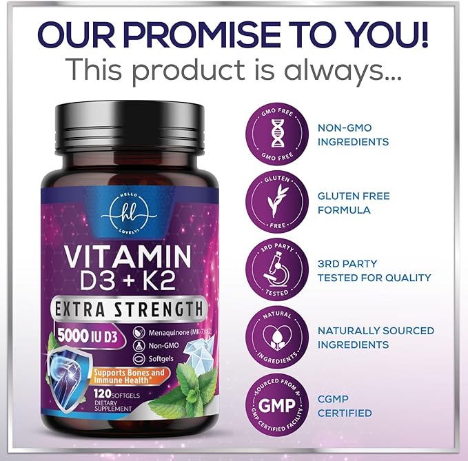 Vitamin D3 K2 5000 IU Plus with K2 (MK-7) 100 mcg - Vitamins D & K Complex Supplement for Bone, Teeth, Muscle, Calcium Absorption, Supports Immune & Heart Health, Non-GMO, Oil Formula - 120 Softgels