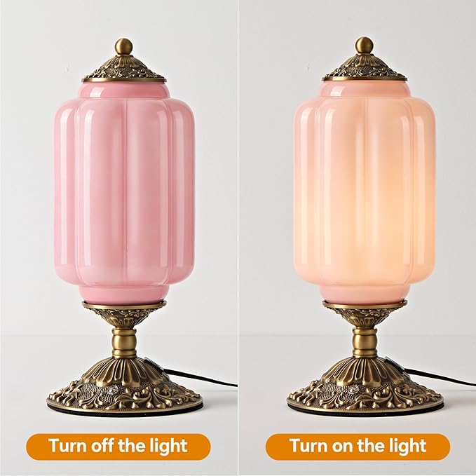 Milk Glass Table Lamp, Touch Control with USB Charging Port Vintage Bedside Desk Lamp Stepless Dimming for Bedroom Living Room Nightstand Led Bulbs Included （Pink）