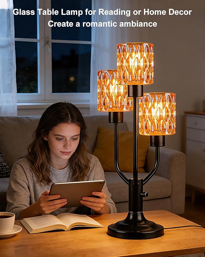 Mid Century Modern Table Lamp for Living Room Dimmable Nightstand Lamp Vintage Black Desk Lamp with Brown Glass 3 Bulbs Included Warmwhite Ambient Bedside Lamps for Bedroom Office Home Decor