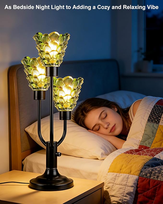 Glass Vintage Table Lamp Dimmable Nightstand Lamp Mid Century Modern Black Desk Lamp with Green Glass 3 Bulbs Included Warmwhite Ambient Bedside Lamps for Bedroom Living Room Office Home Decor