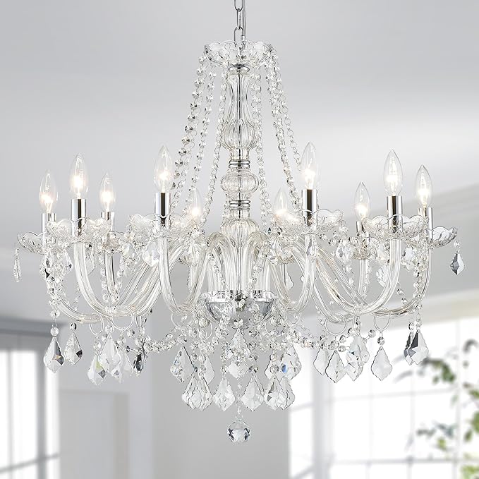 Large Crystal Chandelier, Modern Chrome Crystal Chandeliers for Dining Room Light Fixture, 10-Lights Large Pendant Light Fixtures Luxury Chandelier for Living Room Bedroom Foyer Entryway D26.8''