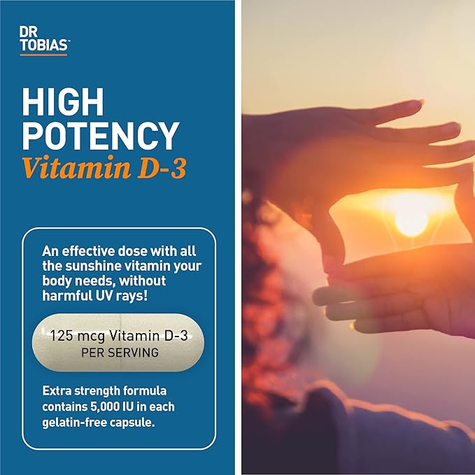 Dr. Tobias Vitamine D3 5000 UI, Essentielle pour des os, des dents et un système immunitaire sains, Supplément de Vitamine D Extra Fort, Sans OGM, 90 Capsules, 90 Portions