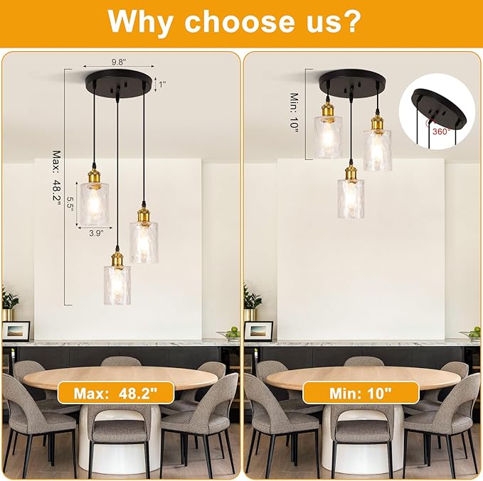 3-Light Pendant Light Fixtures, Black and Gold Pendant Lights Kitchen Island, Adjustable Pendant Lighting with Clear Hammered Glass Shade, Modern Hanging Light Fixtures for Dining Room, Hallway