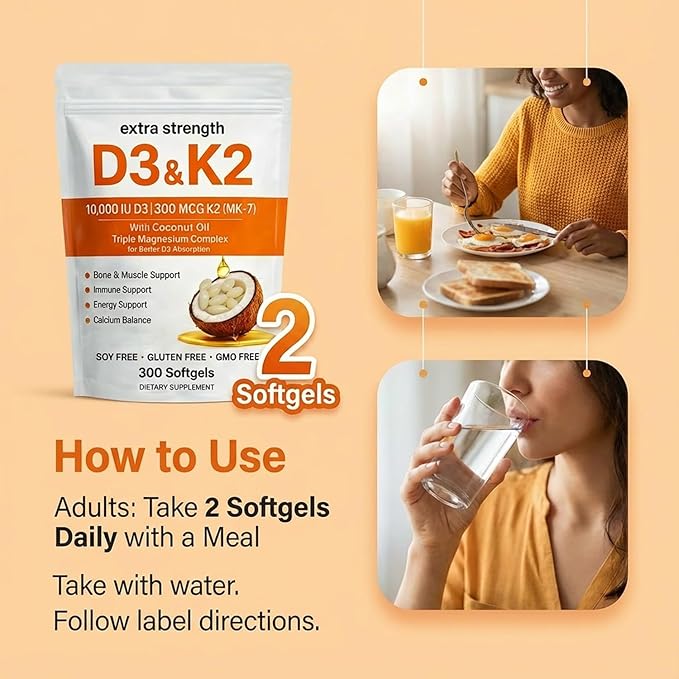 Vitamin D3 K2 Magnesium Complex, Extra Strength D3 & K2 with Triple Magnesium Softgels, D3 K2 Vitamin 10000 IU Softgels(1)