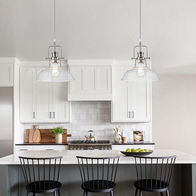 WILON Seeded Glass Pendant Lights,11 Inch Sand Nickel Pendant Lights Kitchen Island with E26 Base Vintage Hanging Ceiling Lamp for Kitchen Sink Hallway Dining Room Entry Hall(Sand Nickel Color)