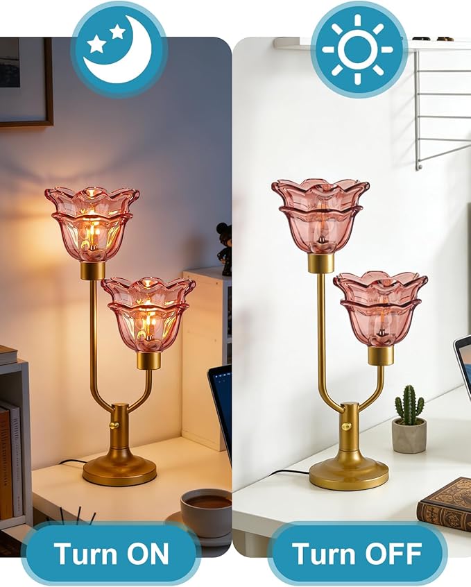 Lightdot Mid Century Modern Flower Table Lamp Dimmable Nightstand Lamp Red Glass Vintage Gold Desk Lamp 2 Bulbs Included Warmwhite Ambient Bedside Lamps for Living Room Bedroom Home Office Decor Gift
