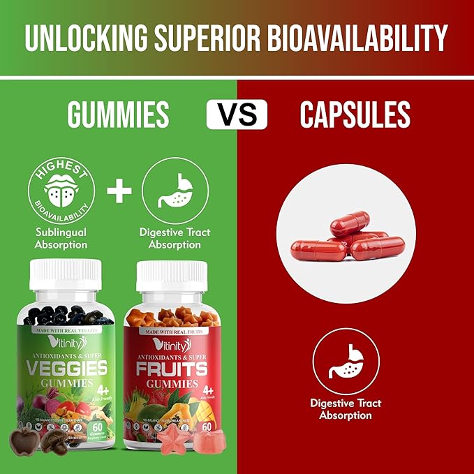 VITINITY Gummies aux vrais fruits et vrais légumes - Complément vitaminique superaliment pour femmes, hommes et enfants - avec un mélange de fruits et légumes verts pour la santé quotidienne (approvisionnement de 60 jours)