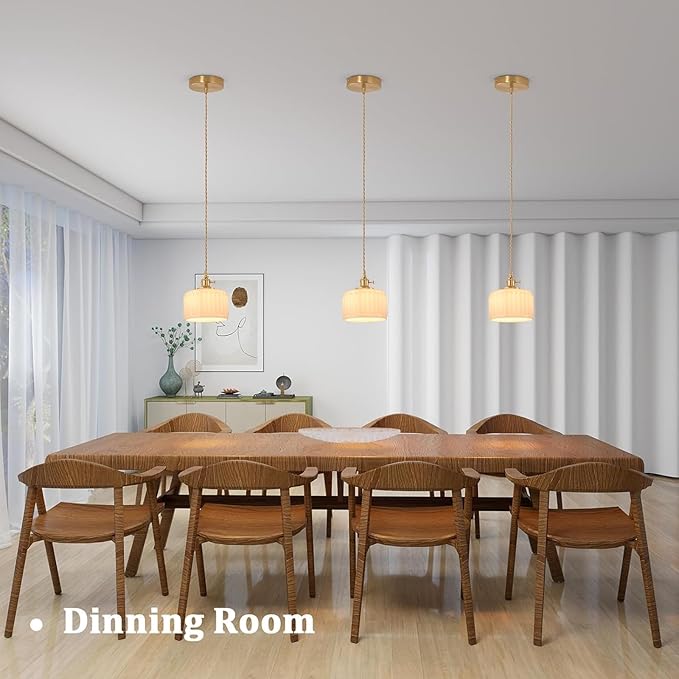 Shenmoyl Pendant Light with White Striped Glass Lmapshade, Brass Vintage Pendant Light Adjustable Hanging Light for Kitchen Island Dining Room Hallway