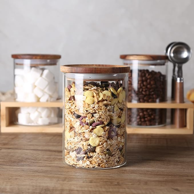 KKC Airtight Loose Leaf Tea Canister Set with 3 Wooden Handle 1 TBSP Spoons - 3 Pack 25 oz Glass Tea Storage Jars with Bamboo Lid and Rack, Elegant Countertop Tea Station Organizer for Matcha & Chai