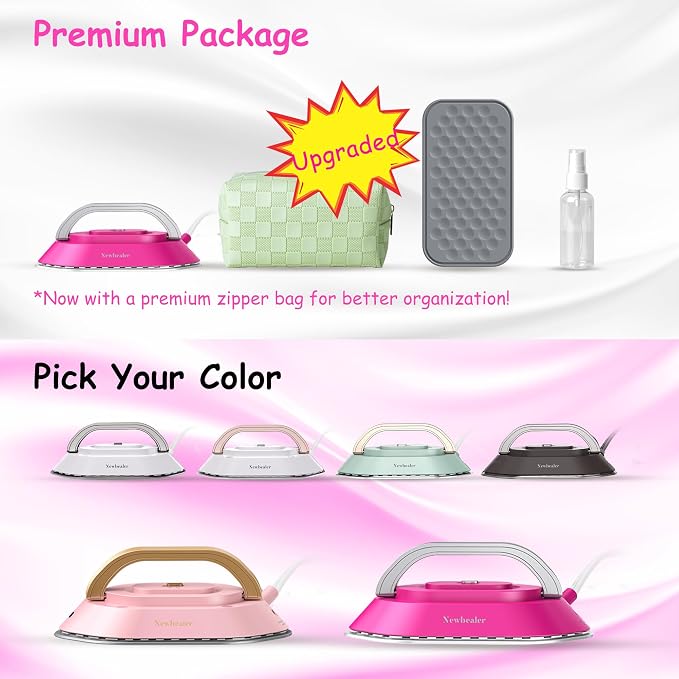 Newbealer Travel Iron Set, 100-240V Mini Dry Iron for Clothes (No Steam) | Max 300W, Heats in 60s, 302℉ Ceramic Soleplate, Handy Heat Press, 0.8lbs Lightweight for Quick Touch-ups Worldwide (Hotpink)