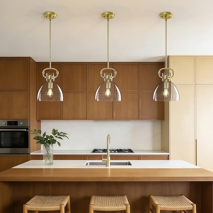 9.8'' Modern Pendant Lights for Kitchen Island, 1-Light Gold Glass Pendant Lighting, Adjustable Brass Hanging Pendant Lights Fixtures for Dining Rooms, Bathroom E26