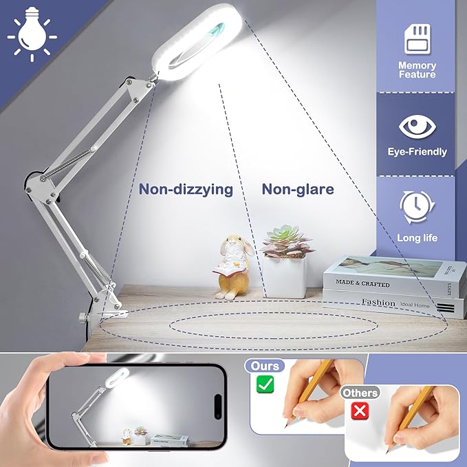 Drdefi 10X Square Magnifying Glass with Light and Stand, Real Glass LED Lighted Magnifier, 5 Color Modes Stepless Dimmable, Hands-Free Mag Desk Lamp with Clamp for Reading Craft Hobby Close Work White