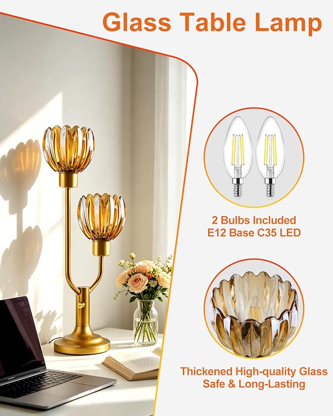 Lightdot Mid Century Modern Flower Table Lamp Dimmable Nightstand Lamp Amber Glass Vintage Gold Desk Lamp 2 Bulbs Included Warmwhite Ambient Bedside Lamp for Bedroom Living Room Home Office Decor Gift