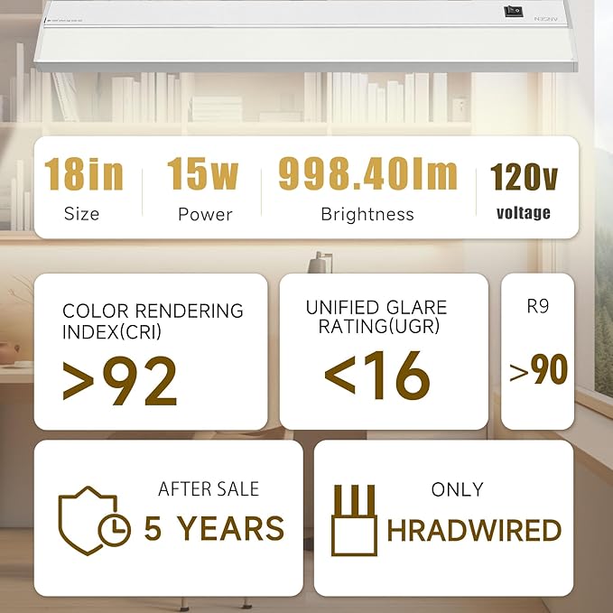 Ansen Hardwired Under Cabinet Lighting, 18inch 15W LED Light for Kitchen/Closet, 998.4lm, CRI>92, R9>90, Dimmable, 5 Color Temperature, 2700K-5000K(Warm White, Cool White, Daylight)
