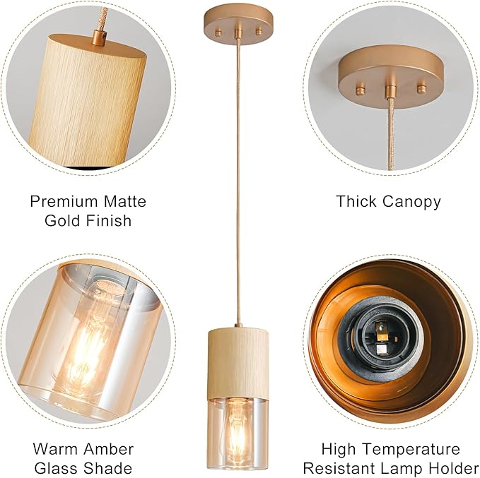 Pendant Light Fixtures, Adjustable Modern Pendant Lights for Kitchen Island, Industrial Amber Glass Pendant Lights for Dining Table Hallway Bedroom Living Room, Gold, 1 Pack