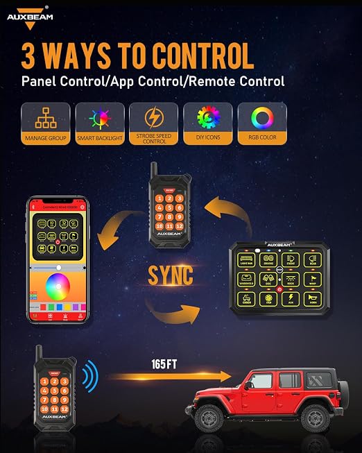 Auxbeam 12 Gang Switch Panel Bluetooth RGB AC-1200 with APP&Remote Control Toggle Momentary Pulsed Switch Pod Off Backlight for Truck Offroad 12-24V Waterproof 3 Years Warranty (Patent Registering)