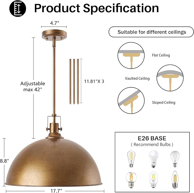 LamQee 18 Inch Antique Brown Large Pendant Light Kitchen Island, Farmhouse Modern Dome Pendant Light Fixtures Ceiling Hanging Lighting Chandelier for Dining Room Over Table, Bar, Hallway, Entryway