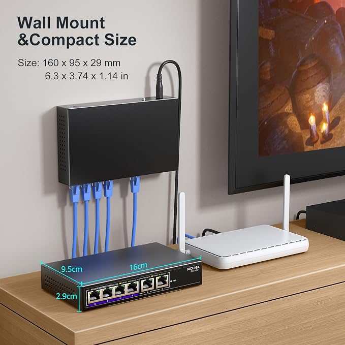 10Gbe Ethernet Switch Unmanaged with 2 x 10Gb RJ45 Ports + 4 x 2.5Gb Base-T Ports, Desktop/Wall Mount NICGIGA 6 Port 10Gbps Network Switch for Wireless AP, NAS, PC