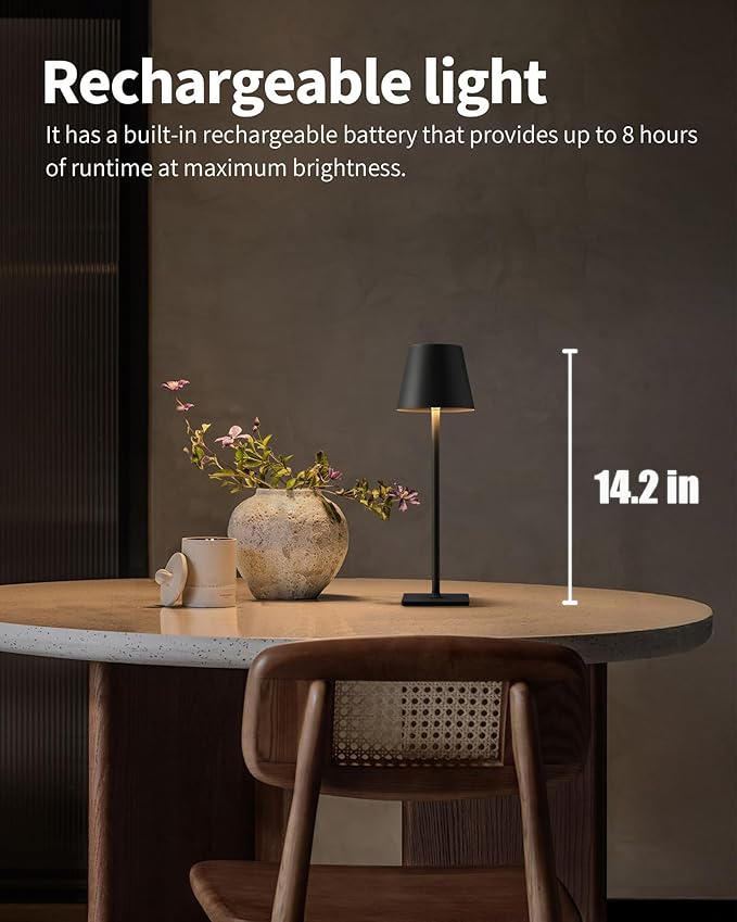 KDG 2 Pack Cordless Table Lamp, Portable LED Desk Lamps, 5000mAh Battery Operated, 3 Color Stepless Dimming Up, for Restaurant, Bedroom, Outdoor Camping, Coffee Shop, Night Light, Rechargeable (Black)