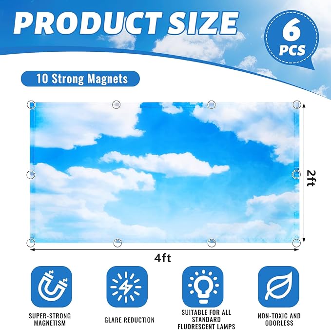 Hortsun 6 Pcs Fluorescent Light Covers - 4 x 2 Feet Magnetic Light Filters, Ceiling Lights Covers for Classroom Fluorescent Shade, Hospitals, School Office Cubicle Decor(Sky Cloud)
