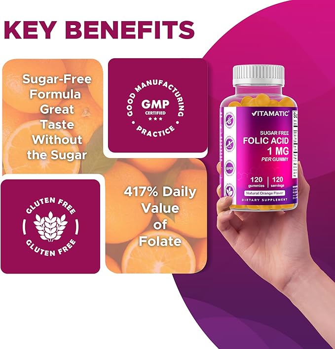 Vitamatic Folic Acid Gummies 1000 mcg (1 mg) - an Essential Prenatal Vitamins for Mom & Baby - Vitamin B9-120 Vegan Gummies (1)