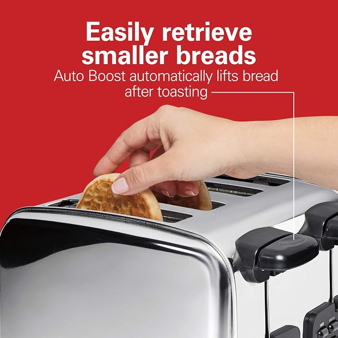 Hamilton Beach 24782 Retro Toaster with Wide Slots, Sure-Toast echnology, Bagel & Defrost Settings, Auto Boost to Lift Smaller Breads, 4 Slice, Polished Stainless Steel