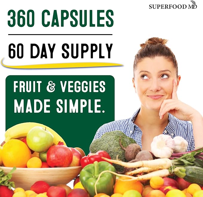 Superaliment à base de fruits et légumes - Gélules de fruits et légumes 100 % entiers, compléments alimentaires et vitamines, avec bêta-carotène (720 capsules (lot de 4))
