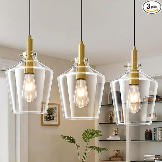 Modern Glass Pendant Lighting for Kitchen Island, Farmhouse Gold Pendant Light Fixtures 3 Pack, Adjustable Hanging Ceiling Light Angled Clear Glass Shades 8 Inch